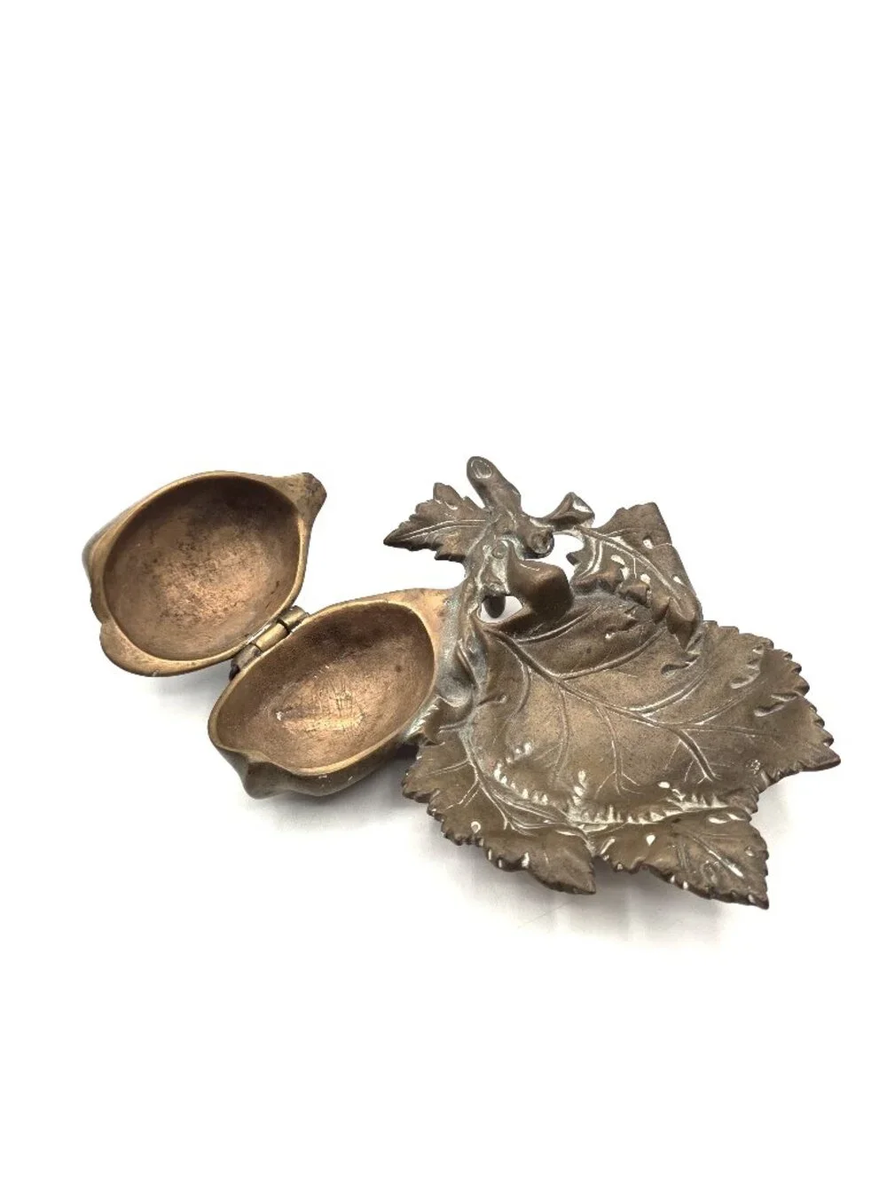 Antique Cast Metal Art Nouveau Leaves Nut Opens Unique Trinket Incense Dish 1899